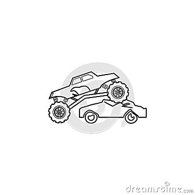 bigfoot car rides through cars illustration. Element of extreme races for mobile concept and web apps. Thin line bigfoot car rides Cartoon Illustration