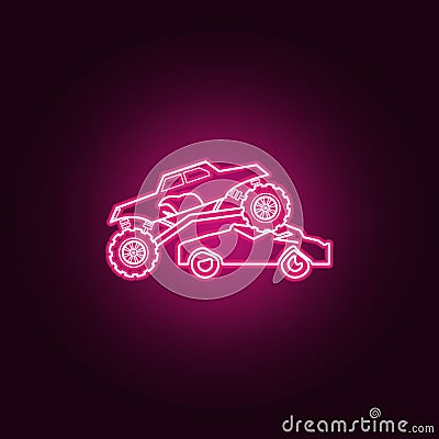 Bigfoot car rides through cars neon icon. Elements of bigfoot car set. Simple icon for websites, web design, mobile app, info Stock Photo