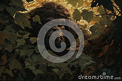 A Bigfoot creature hiding behind leaves peaking out. Sasquatch hidden in camouflage Stock Photo