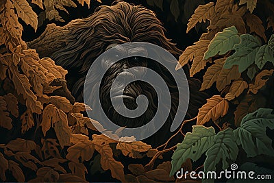 A Bigfoot creature hiding behind leaves peaking out. Sasquatch hidden in camouflage Stock Photo