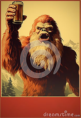 Bigfoot drinking beer poster Stock Photo