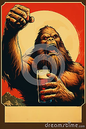 Bigfoot drinking beer poster Stock Photo