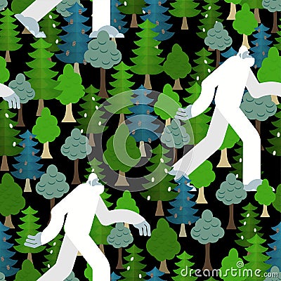 Bigfoot in forest pattern seamless. Yeti and trees background. Abominable snowman ornament. sasquatch texture Vector Illustration