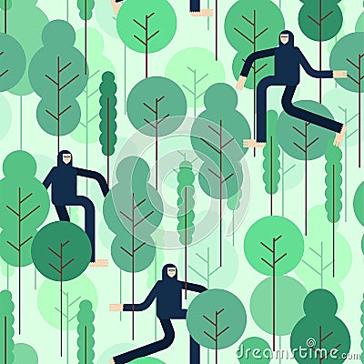 Bigfoot in forest pattern. Yeti walking in thicket. Snow man vector background. Sasquatch ornament Vector Illustration