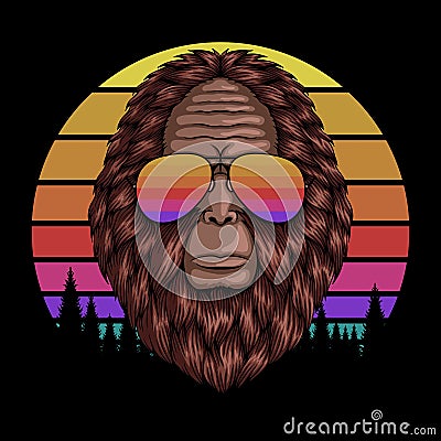 Bigfoot head eyeglasses sunset retro vector illustration Vector Illustration