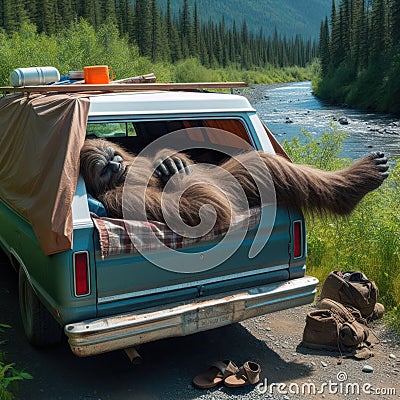 Bigfoot lounging in pickup truck by forest river Stock Photo