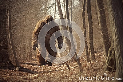 mysterious bigfoot sighting in the deep forest, generative AI illustration Stock Photo