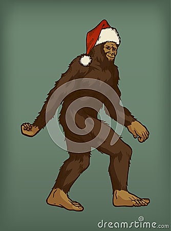 Bigfoot wearing Santa Claus hat Vector Illustration