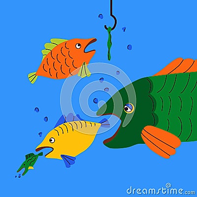 Bigger fish eat smaller fish. Fish is caught with hook. Food chain, survival, monopoly, competition. Business concept - stronger Vector Illustration