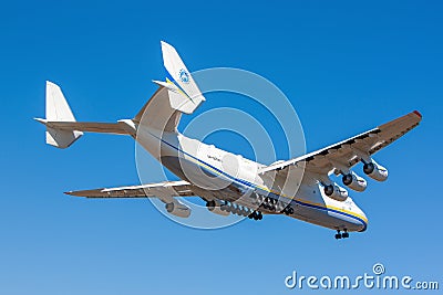 The biggest airplane in the world Antonov An-225 Mriya landing in Antonov Airport in Gostomel , Ukraine Editorial Stock Photo