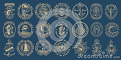 The biggest bundle of vintage nautical vectors on the dark background. Vector Illustration