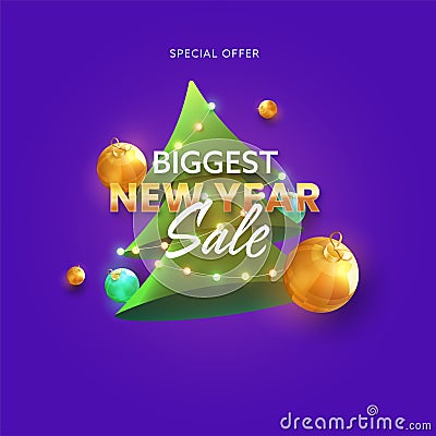 Biggest New Year Sale Poster Design With Xmas Tree Decorated By Lighting Garland And 3D Baubles On Purple Stock Photo