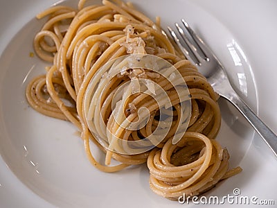 Bigoli alla Veneta Italian Pasta with Anchovies Stock Photo