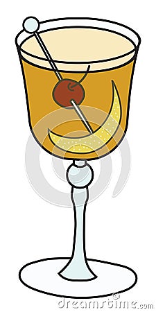 Bijou classic cocktail in cobbler glass. Gin and vermouth based yellow drink garnished with lemon zest and cherry Vector Illustration