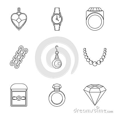 Bijouterie icon set, outline style Vector Illustration