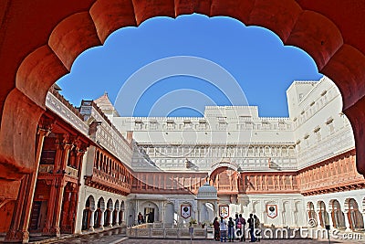 BIKANER, RAJASTHAN, INDIA - DECEMBER 23, 2017: The main courtyard inside Junagarh Fort, viewed through an arcade Editorial Stock Photo