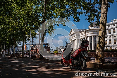 Bike on an alley by the river Vardar in Skopje downtown, Macedonia Editorial Stock Photo