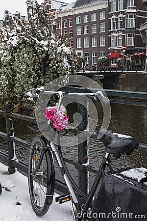 Bike with artificial flowers near the canal in Amsterdam in winter Stock Photo