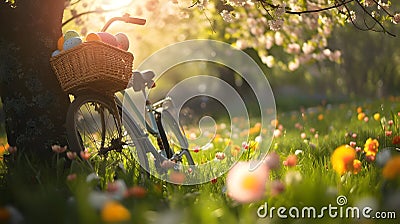 Bike being propped against the tree with basket full of Easter eggs on the meadow. Stock Photo