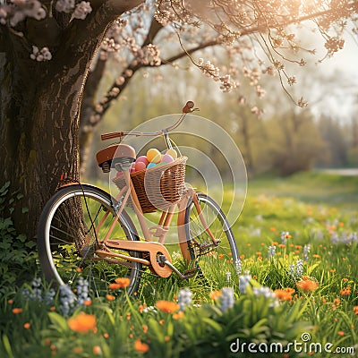 Bike being propped against the tree with basket full of Easter eggs on the meadow. Stock Photo