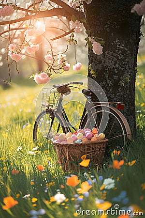 Bike being propped against the tree with basket full of Easter eggs. Stock Photo