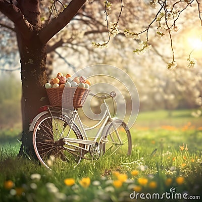 Bike being propped against the tree with basket full of Easter eggs on the meadow. Stock Photo