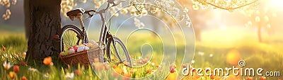 Bike being propped against the tree with basket full of Easter eggs on the meadow. Stock Photo