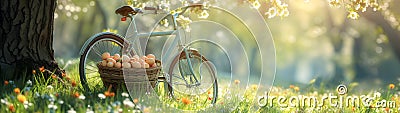 Bike being propped against the tree with basket full of Easter eggs on the meadow. Stock Photo