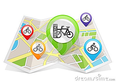 Bike Bicycle Rental Map pointer Location Destination on map Stock Photo