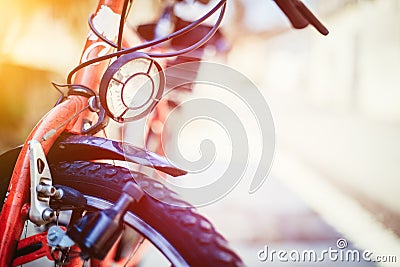 Bike in the city: Front picture of a city bike, blurred background Stock Photo