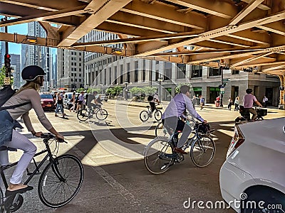 Bike commuter traffic during morning rush hour on Wells St. and Wacker Dr. Editorial Stock Photo