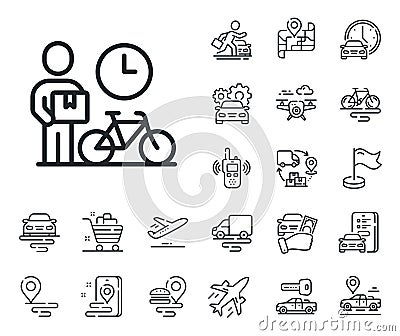 Bike courier line icon. Delivery bicycle sign. Plane, supply chain and place location. Vector Stock Photo