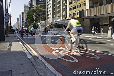 Bike lane in Paulista Avenue - SÃ£o Paulo Editorial Stock Photo