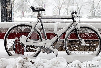 Bike lost in the snow - Bucharest, Romania Editorial Stock Photo