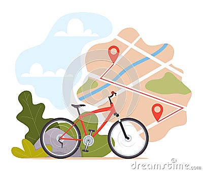 Bike, map with start and finish markers. Bicycle rental, bike sharing or delivery service. City map with pins and bike. Vector Cartoon Illustration