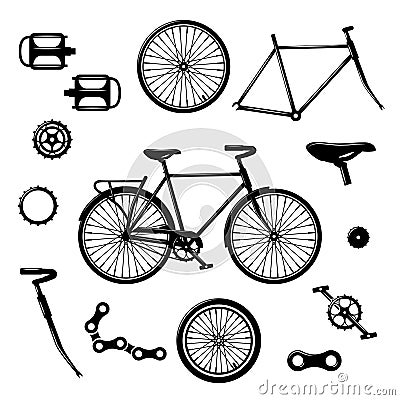 Bike parts. Bicycle equipment and components isolated vector set Vector Illustration