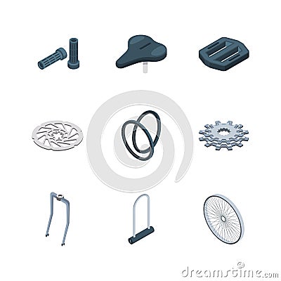 Bike parts. Bicycles components mechanical saddle fork crank seat hub vector isometric icons collection Vector Illustration