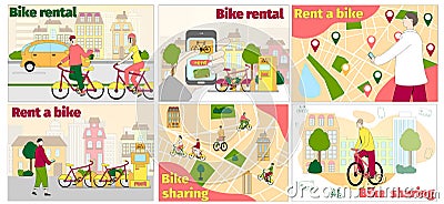 Bike rental, sharing vector transportation hand drawn illustration. Bicycle online rent service app, biking sport with Vector Illustration