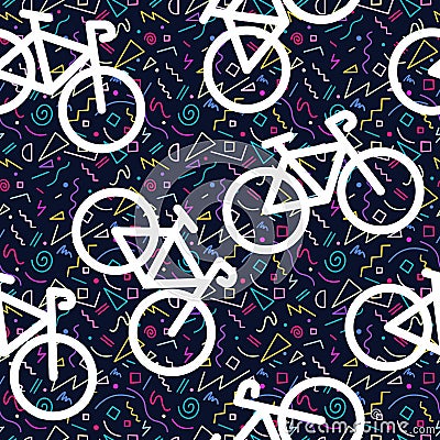 Bike retro seamless pattern outline 80s color Vector Illustration