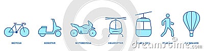 Bike, Scooter, Cable Car, Helicopter, Motorcycle, Moped, Hot Air Balloon Line Icon Set. Traffic Sign. Transportation Vector Illustration