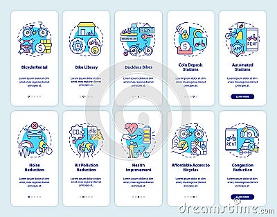 Bike and scooter sharing onboarding mobile app page screen set Vector Illustration