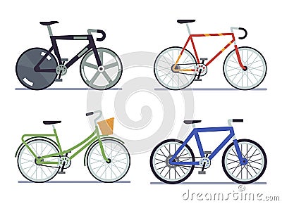 Bike set. Extreme sports and roadbike, cruising and dutch side view bikes collection, walking modern urban vehicle Vector Illustration