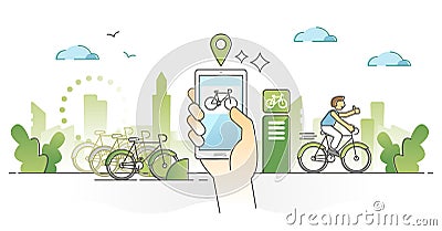 Bike sharing as public ride for urban city transportation outline concept Vector Illustration