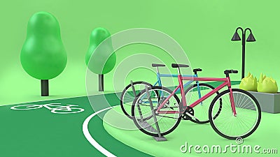 Bike station with bike lane green parks 3d low poly trees 3d rendering cartoon style,transportation nature Stock Photo