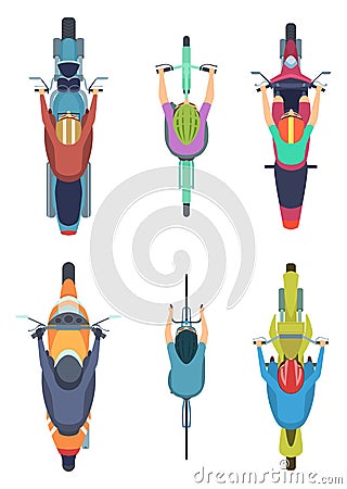 Bike top view. Cycling people motorcycles traffic motor bike on road vector cartoon collection Vector Illustration