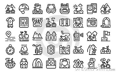 Bike trip icons set outline vector. Camp tool safety Vector Illustration