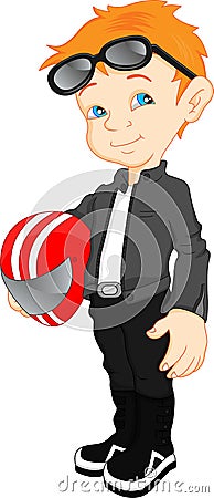 Biker boy cartoon holding helmet Vector Illustration