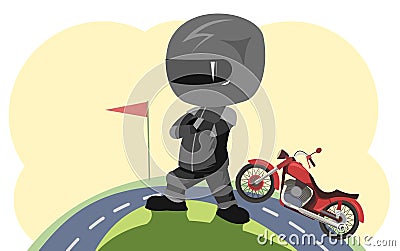 Biker cartoon. Child illustration. Sports uniform and helmet. End of road. Cool motorcycle. Chopper bike. Funny Vector Illustration