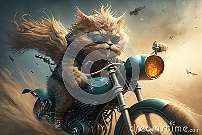 biker cat riding chopper, with wind blowing in its fur Stock Photo