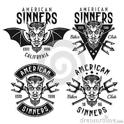 Biker club vector emblems with horned devil head Vector Illustration